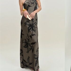 Reformation One Shoulder Black Floral Maxi Dress